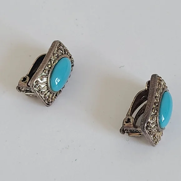 Vintage Boho Greco Roman Turquoise Silver Filigree Square Stud Clip-On Earrings - Picture 5 of 8